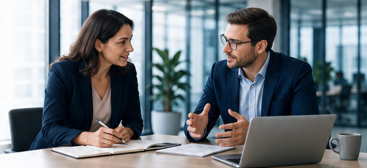 One-to-one coaching discussion between technology professionals