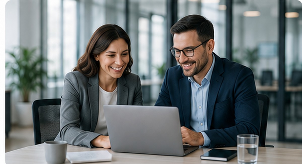 Professional discussion around a laptop