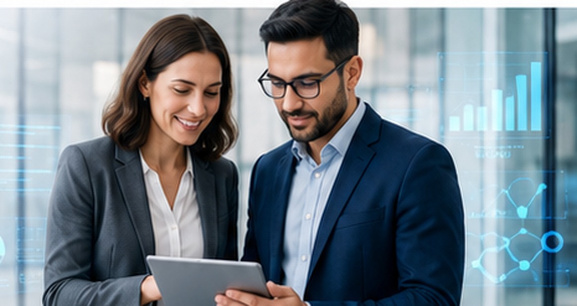 Technology professionals reviewing analytics and market information